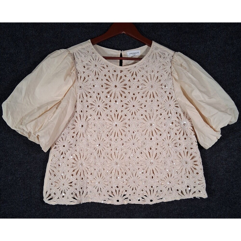 ANNIEWEAR Oatmeal Eyelet Crochet Puff Sleeve Top Women's XL Cotton Coquette Girl